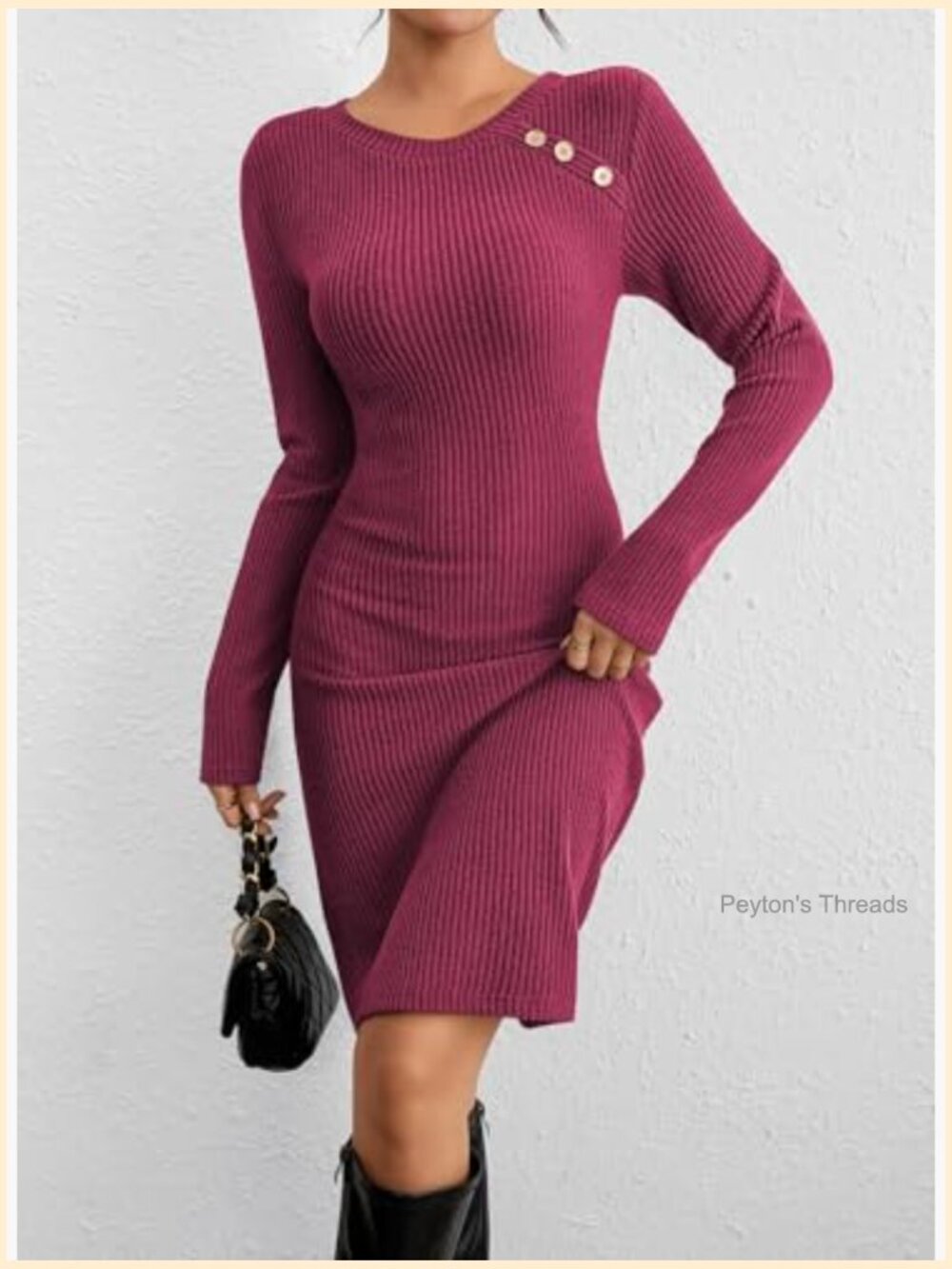Long Sleeve Crew Neck Ribbed Knit Bodycon Mini Dress - Picture 3 of 7